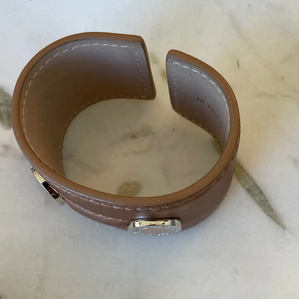BVLGARI Brown Leather Logo Cuff Bracelet Gold & Silver Tone Size M Italy Luxury